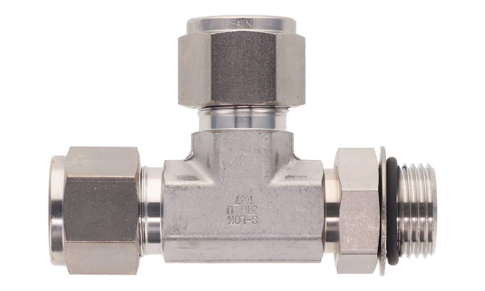 316 stainless double ferrule positionable run tee, tube × SAE straight thread male, 316L, top view