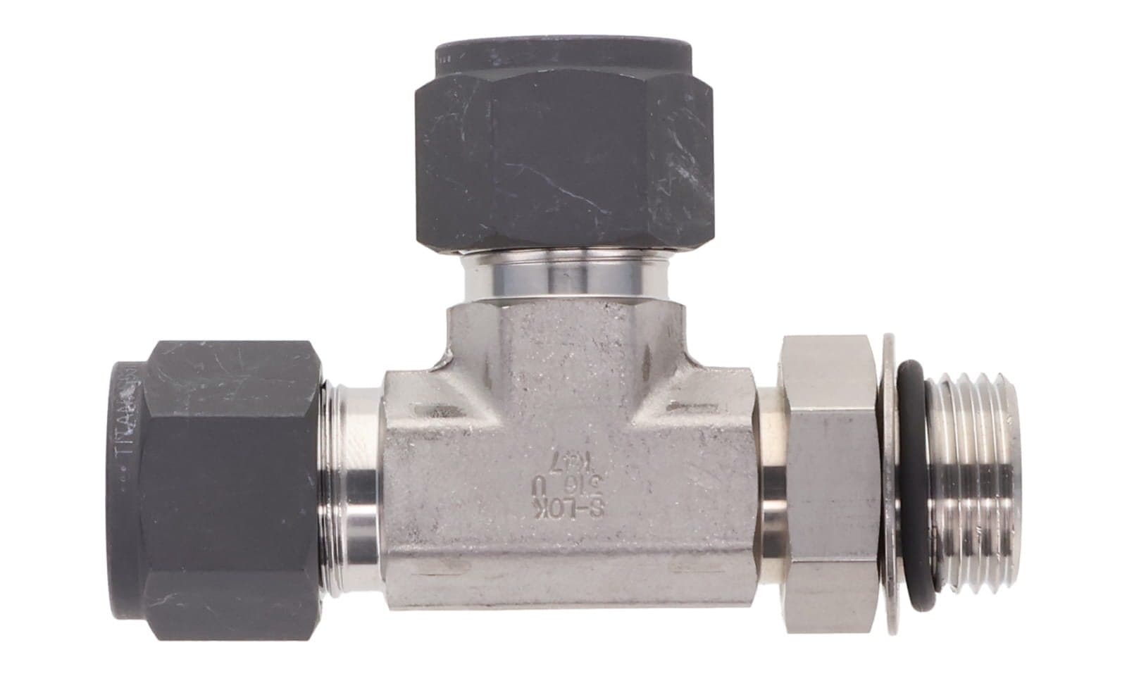 316 stainless single ferrule positionable run tee, tube × SAE straight thread male, 316L, top view