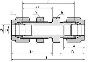 Dimension drawing of the 316 stainless single ferrule bulkhead union, lettered for the size table