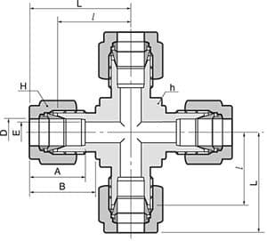 Dimension drawing of the 316 stainless single ferrule union cross, lettered for the size table