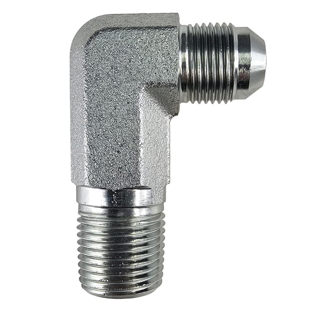 Tompkins 2501-L male JIC 37° × male NPTF 90° elbow, long, carbon steel, view 1