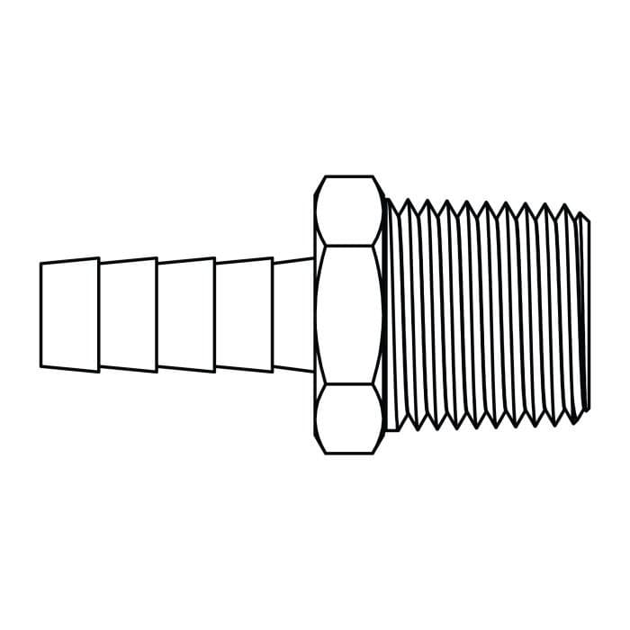 Tompkins 4444 hose barb × male NPTF adapter, carbon steel, line drawing