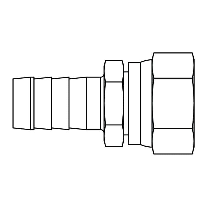 Tompkins 4445 hose barb × female JIC 37° swivel adapter, carbon steel, line drawing
