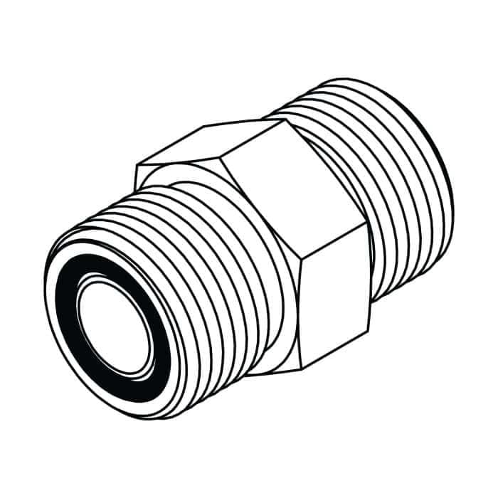 Tompkins FF2403 male ORFS × male ORFS union, carbon steel, line drawing