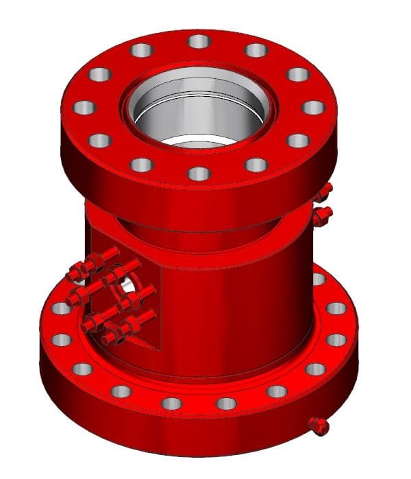 Red API 6BX 10K casing spool with side outlets and flanged ends