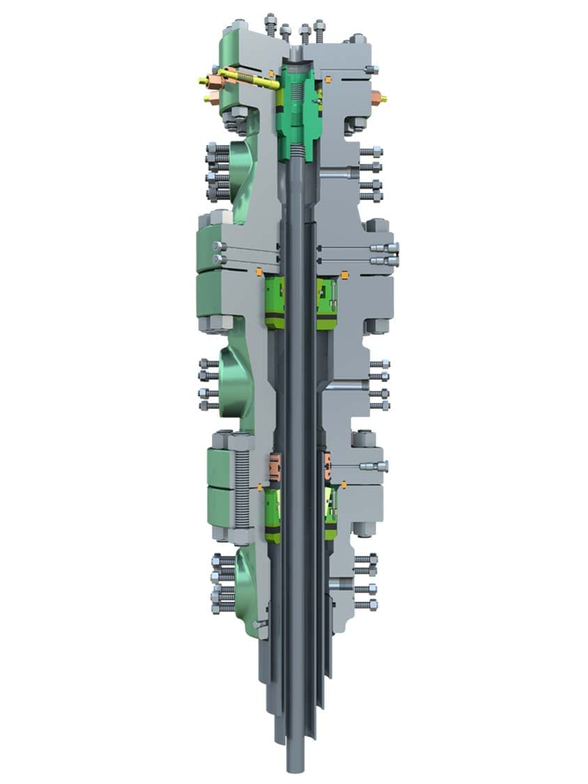 Cross-section drawing of a wellhead stack, API 6BX 10K tubing head, sour service