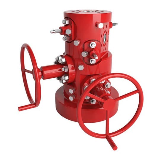 Red API 6BX 15K tubing head with handwheel valves fitted to the outlets