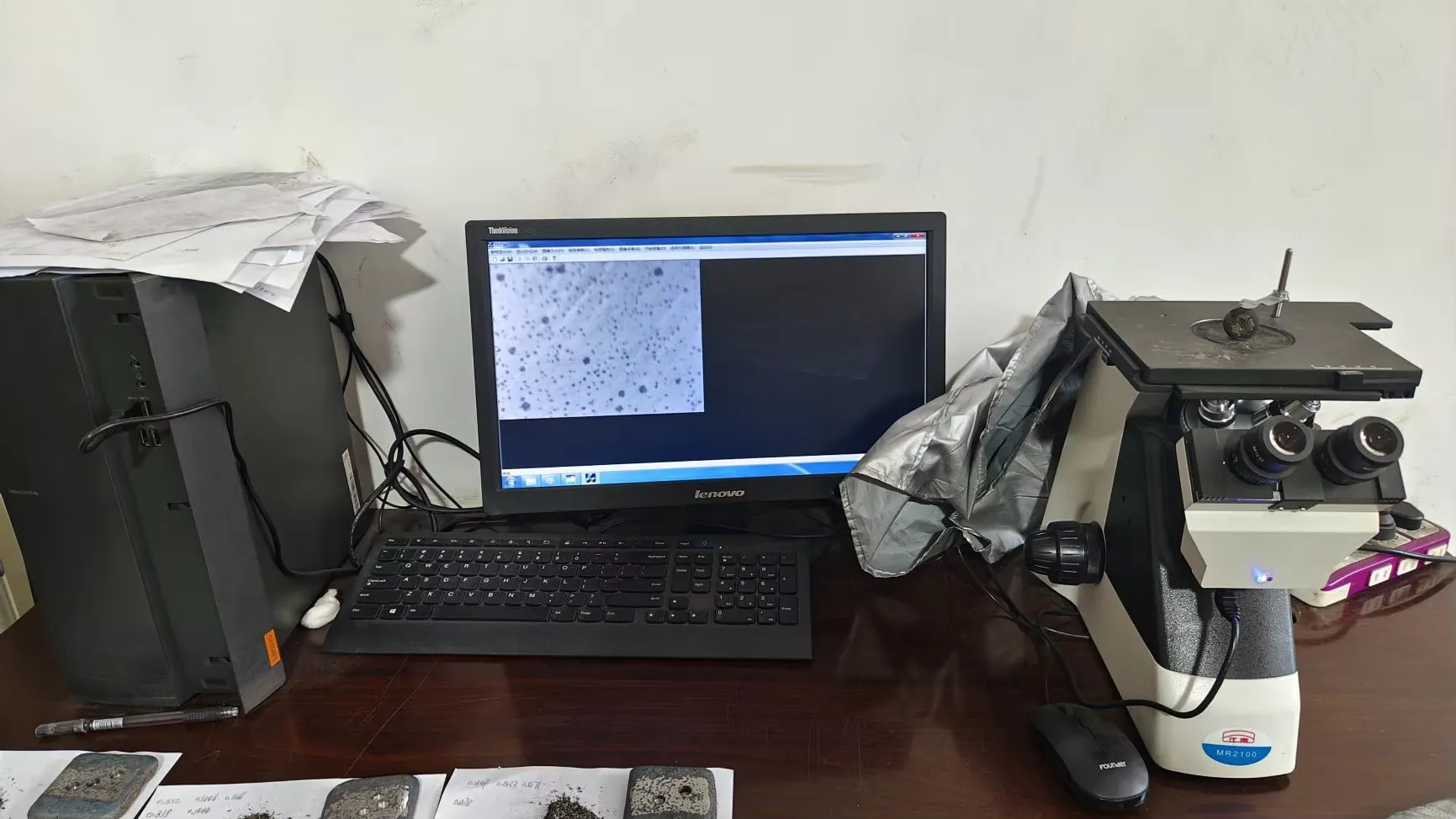 Metallurgical microscope on a laboratory bench
