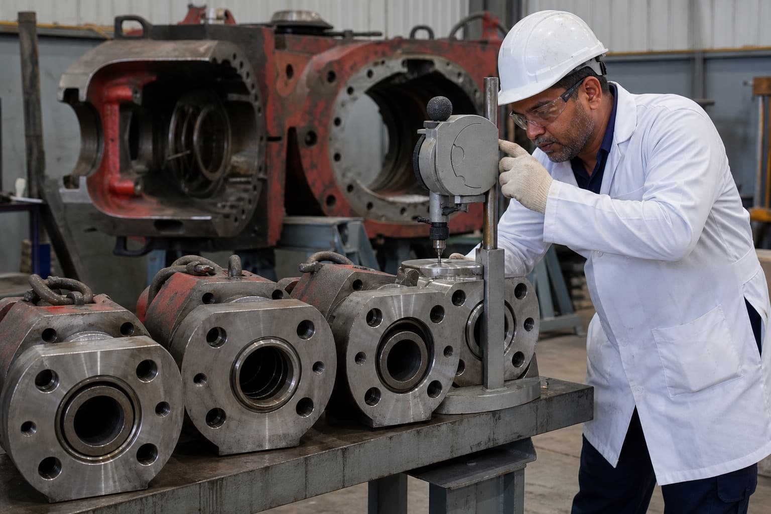 Ram blocks from a high-pressure blowout preventer staged on a bench while a technician runs a bench hardness tester on one face