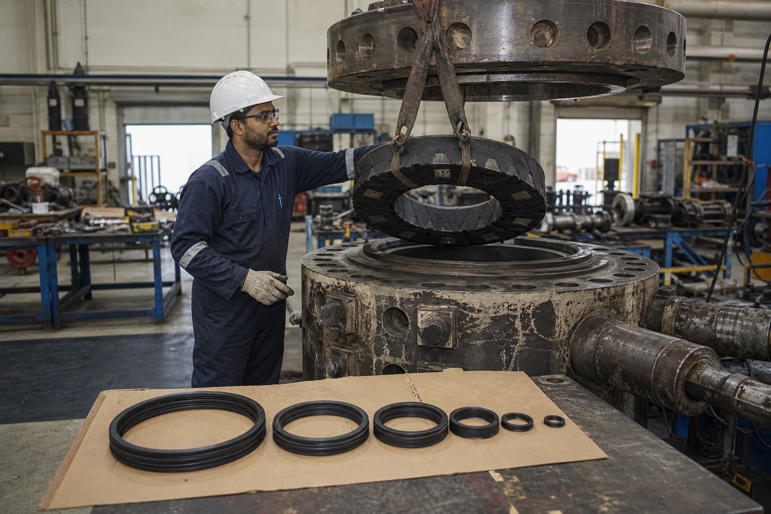An annular preventer open with its rubber packing element hoisted clear in a sling, new elastomer seals laid out in order on the bench