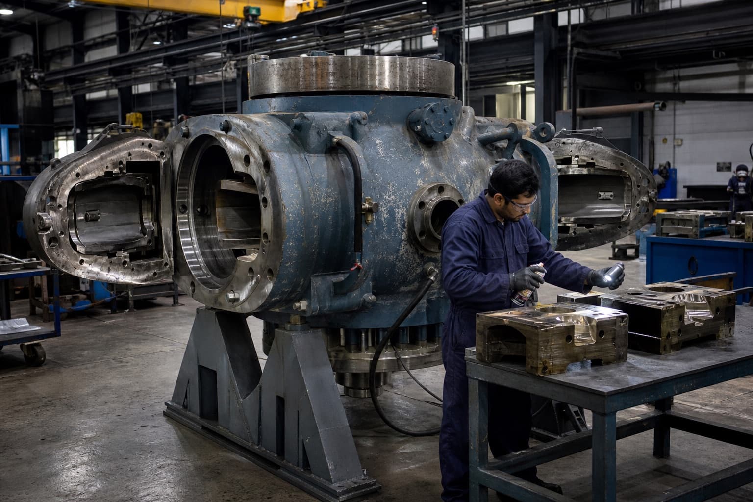 A double-ram blowout preventer on stands with both bonnets swung open, ram blocks on a bench behind under non-destructive testing