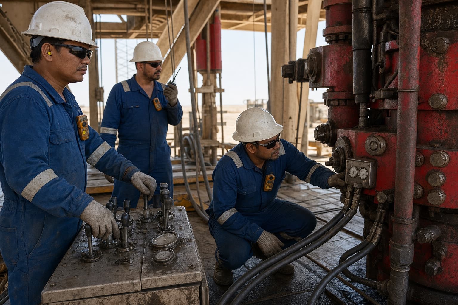 Three technicians in flame-resistant coveralls running a function test on a blowout preventer stack under a land rig substructure