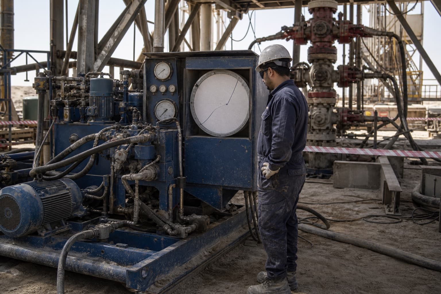 A pressure test in progress on a land rig, chart recorder pen drawing a rising trace while a supervisor watches from behind the barrier