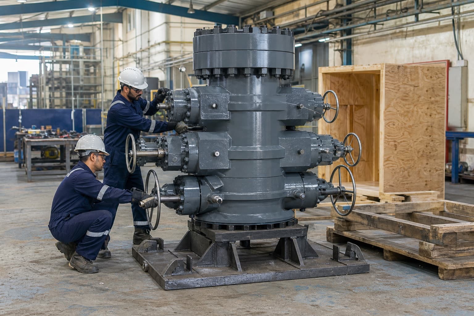 A complete workover blowout preventer stack assembled on a test stand ready to mobilise, shipping skid and crate waiting alongside