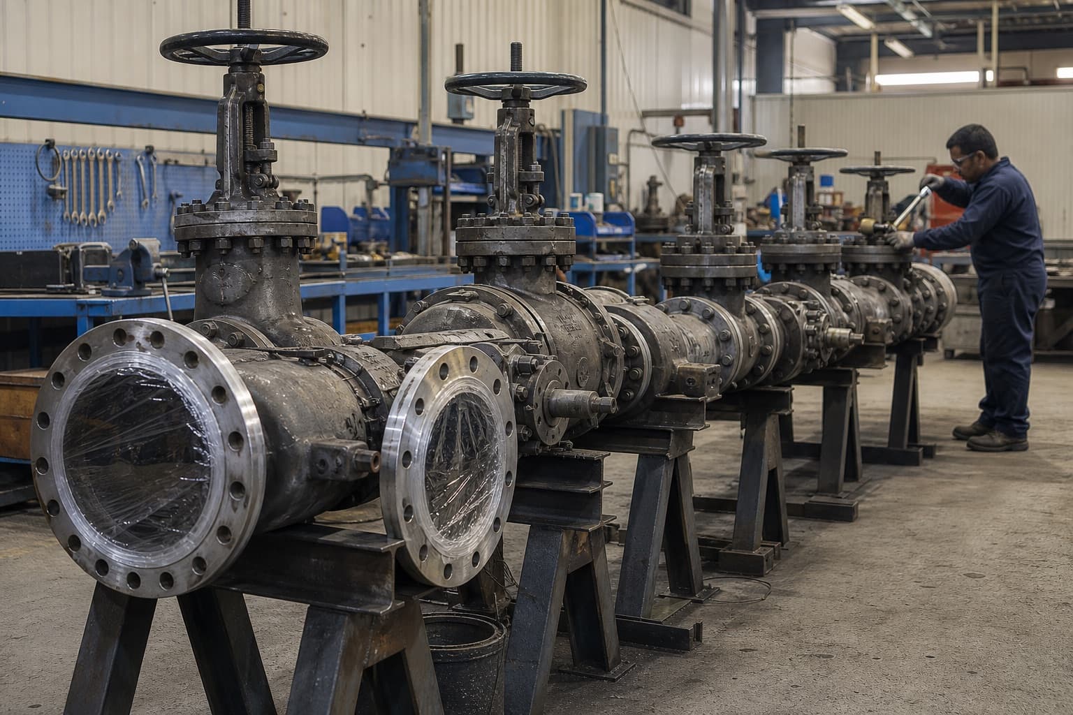 A high-pressure choke and kill manifold on steel stands, its run of flanged gate valve bodies and handwheels receding down the frame