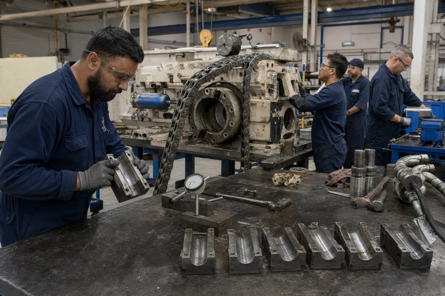 A coiled-tubing injector head stripped on a workshop bench, drive chains slack and worn gripper blocks laid out for re-facing