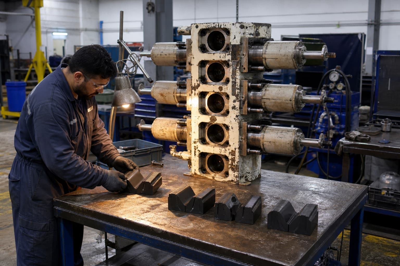 A compact four-ram intervention blowout preventer with all bonnets open, four matched pairs of ram blocks laid out in front of it