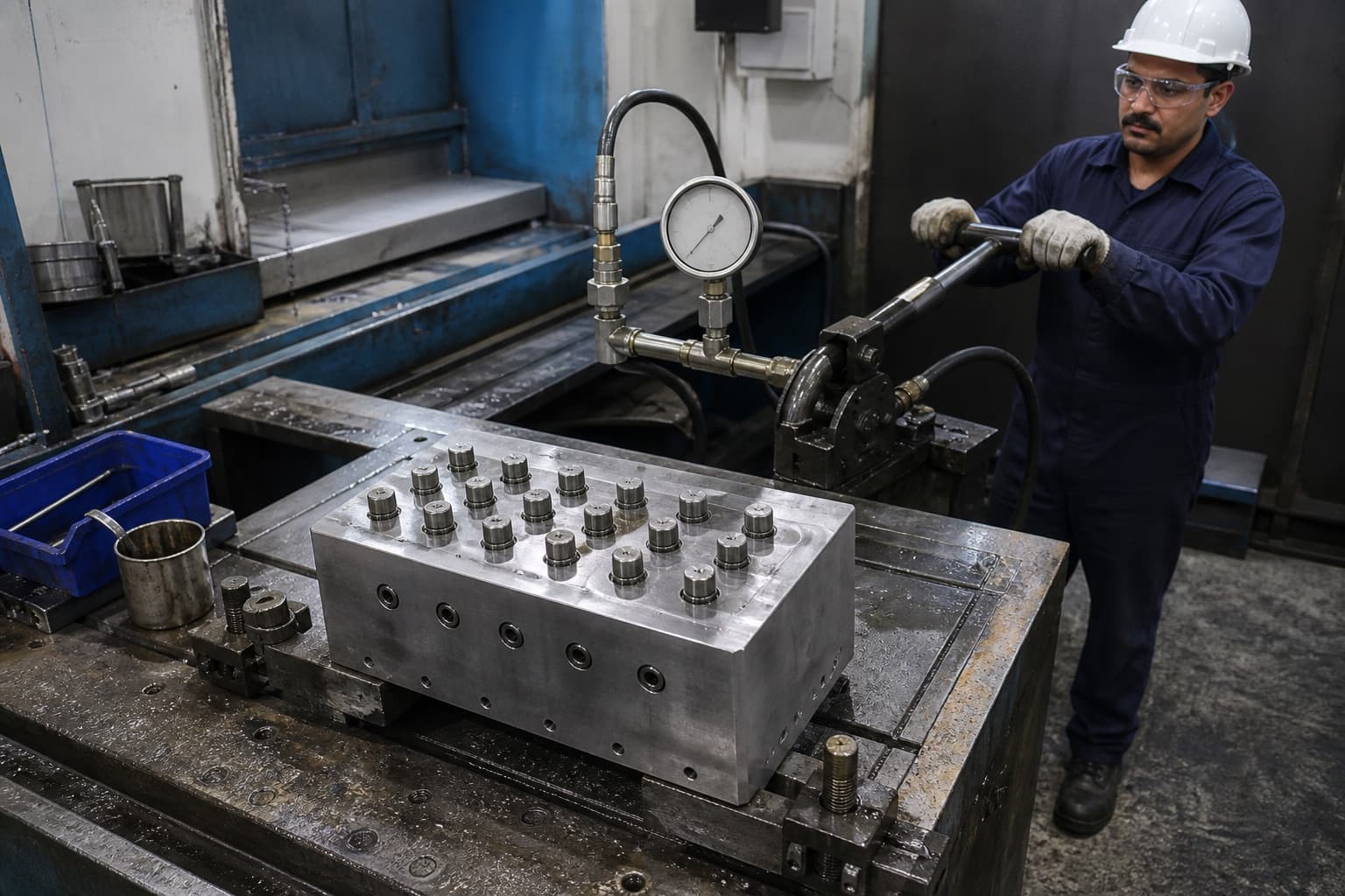 A custom machined steel hydraulic manifold block clamped on a hydrotest bench with its ports plugged and a pressure gauge in the circuit
