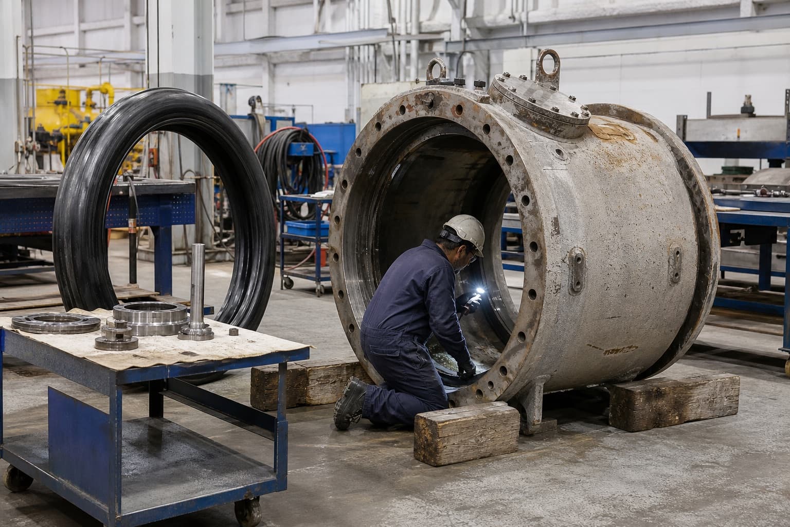 A very large-bore diverter housing on timber bearers with its rubber sealing element extracted and overboard valve trim laid out nearby
