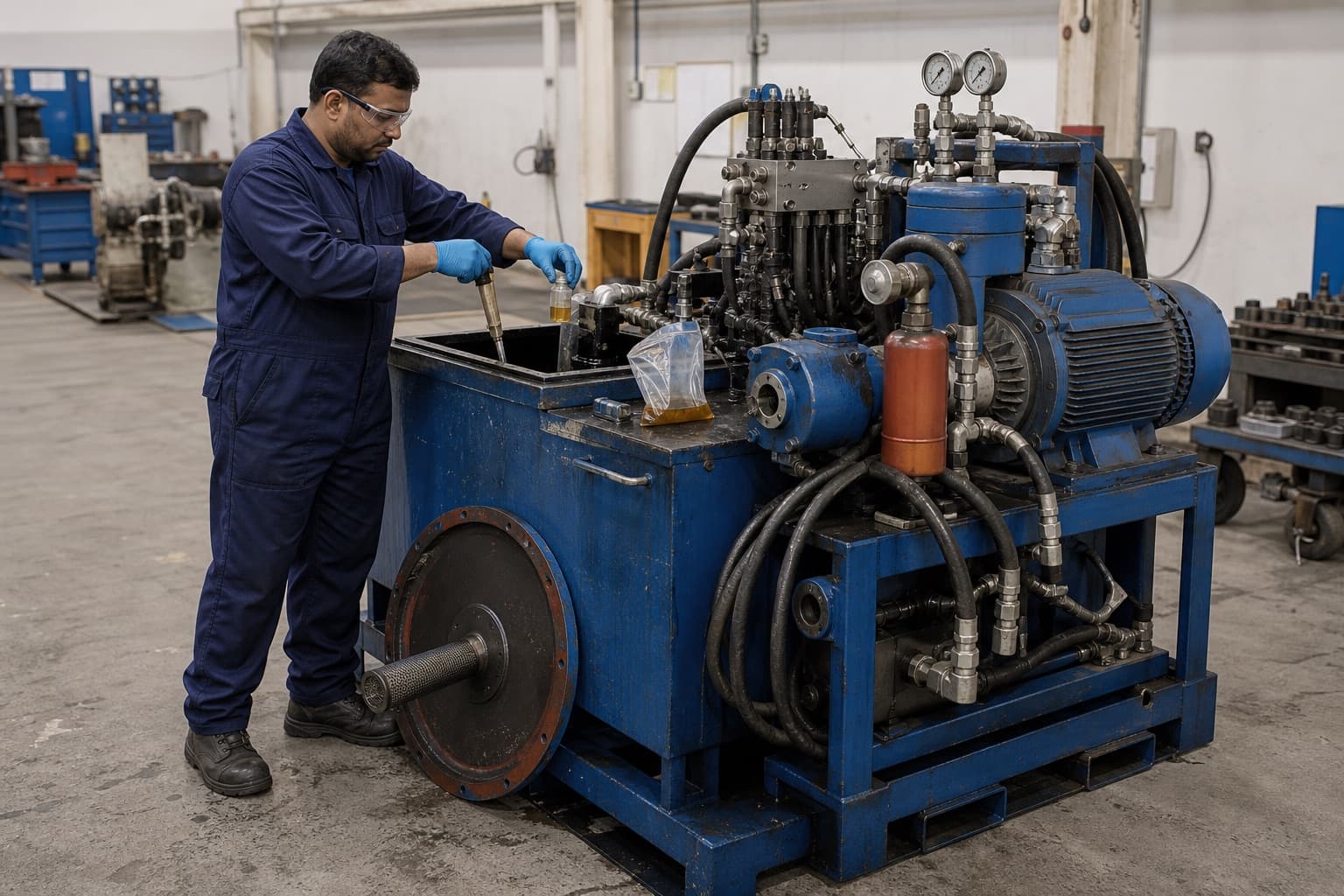 A skid-mounted hydraulic power unit with its reservoir lid off while a technician draws a baseline oil sample into a bottle