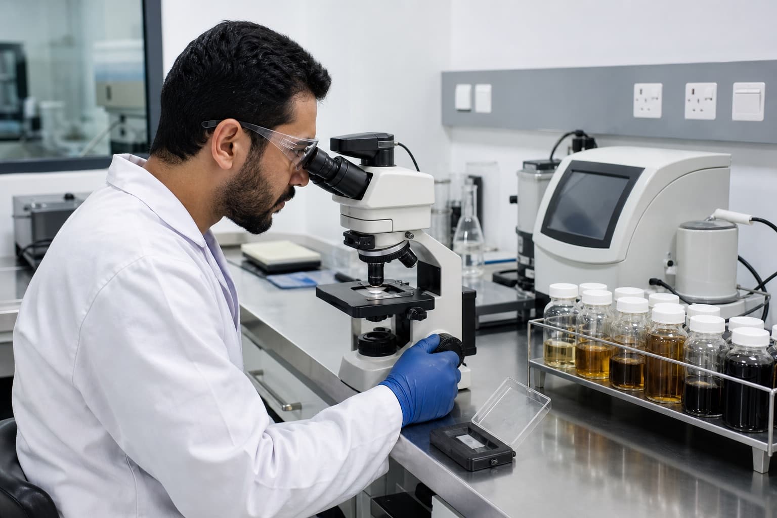 An analyst at a microscope in an oil condition laboratory, a rack of hydraulic oil samples ranging from clear amber to near black beside it