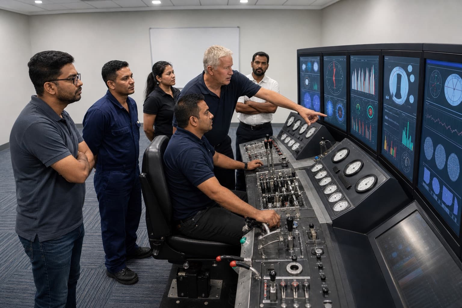 A trainee at a well-control simulator console with an instructor pointing at the displays and three other trainees watching