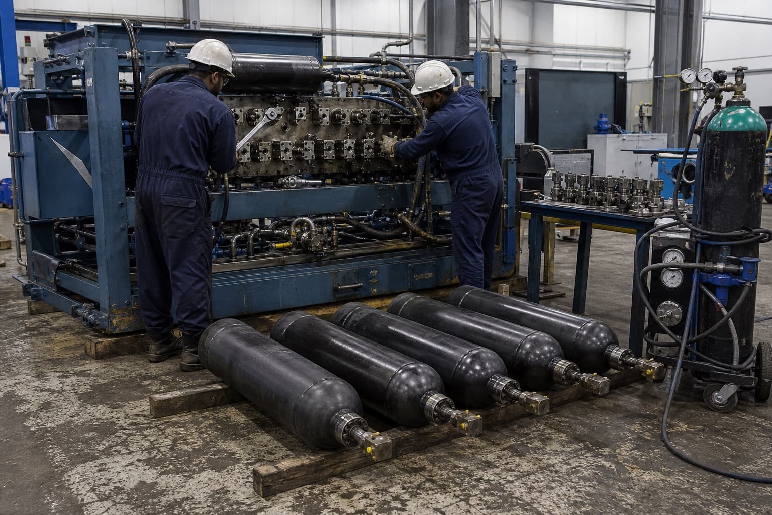 A hydraulic closing-unit skid part-stripped, accumulator bottles laid down in a row and the pilot valve bank opened up on the bench
