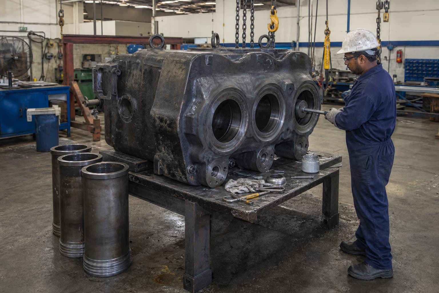 A triplex mud pump fluid end on a workshop rebuild bench with its liner bores empty and a technician lapping a valve seat