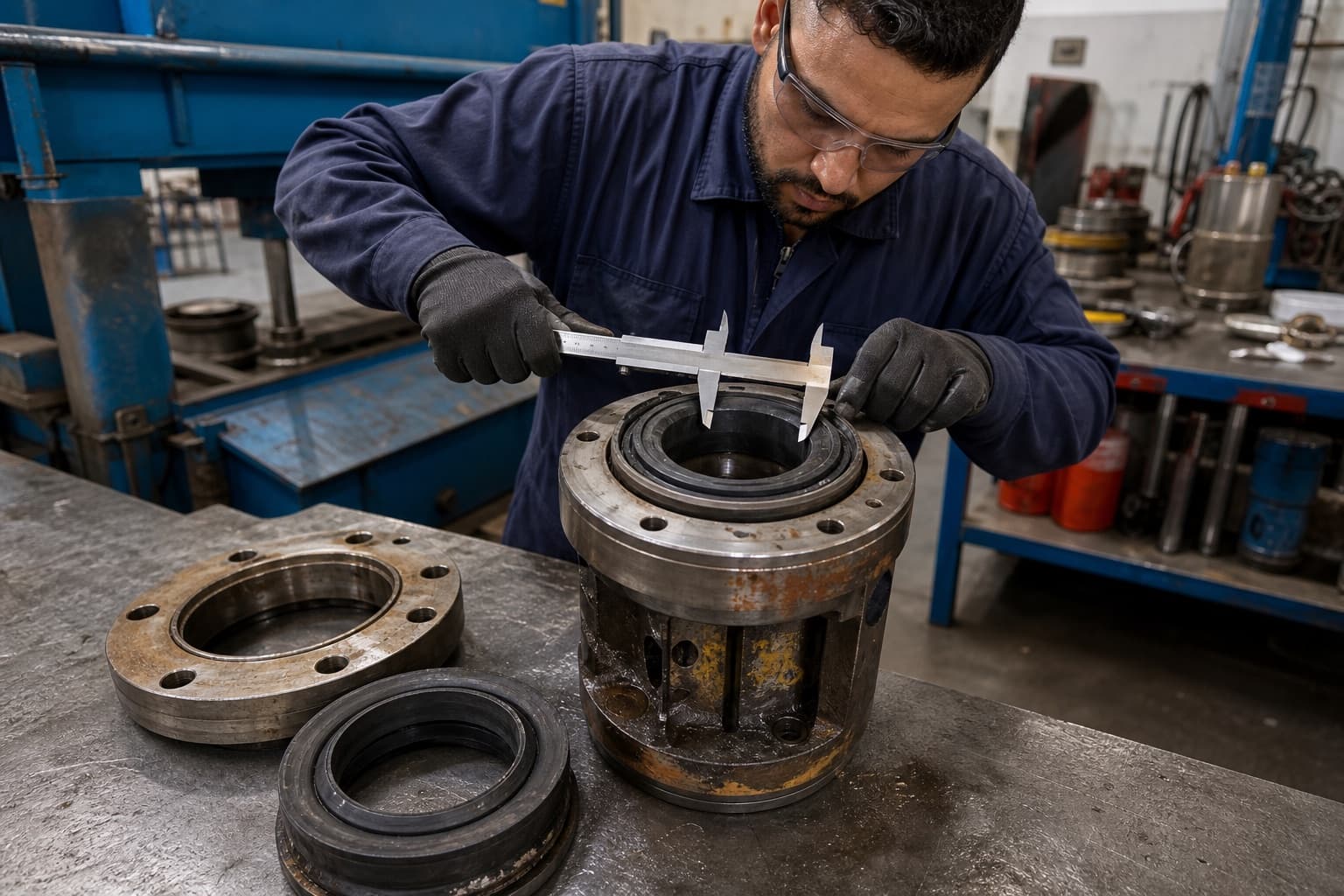 A rotating control device bearing assembly opened on a bench, its moulded rubber sealing element being measured with a vernier caliper