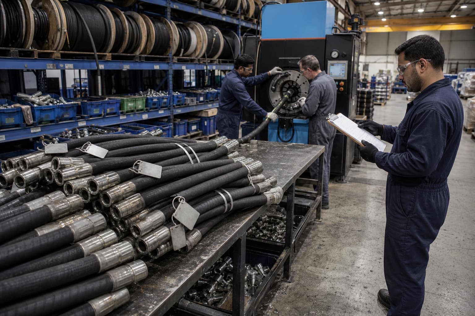 A hose assembly bay mid-build, long tables of finished tagged hose assemblies grouped by circuit while technicians work the crimping press