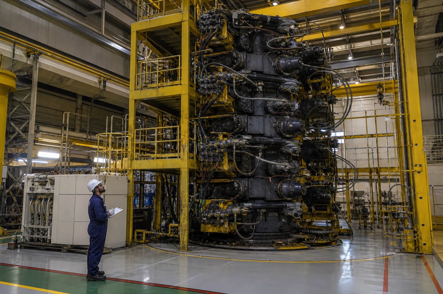 An engineer with a clipboard dwarfed by a subsea blowout preventer stack standing several storeys tall in a manufacturer’s test bay