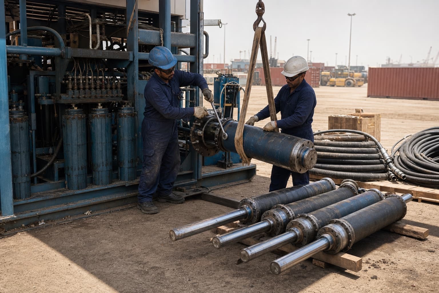 Technicians breaking a large tie-rod hydraulic cylinder out of a workover unit skid in an industrial yard, removed cylinders lined up on timber bearers